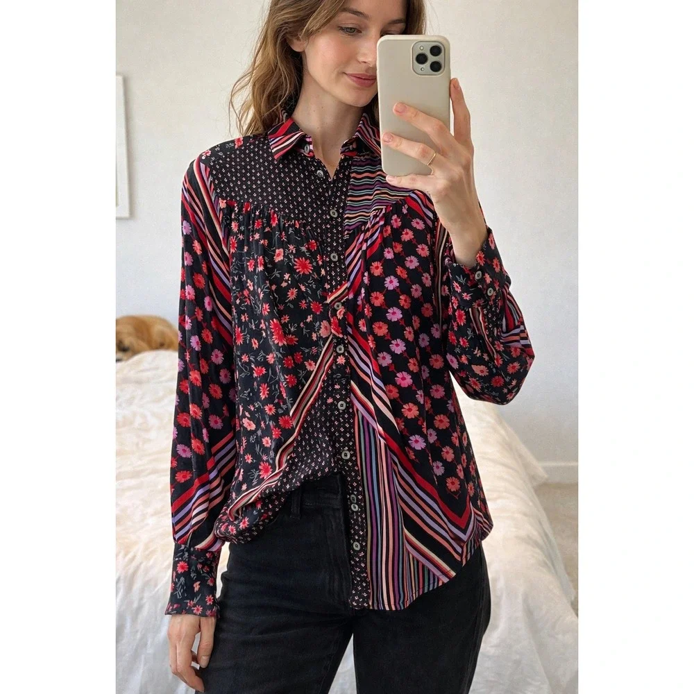 Free People Hazel Buttondown Black Combo Floral Stripe‎ Blouse XS Boho Top